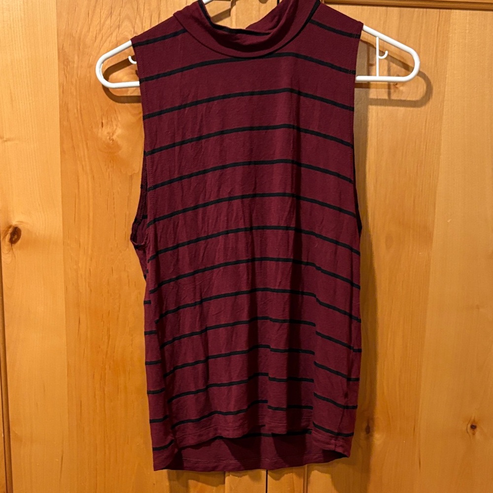 Knot Sisters Burgundy and Black Striped Muscle Tee with turtle neck